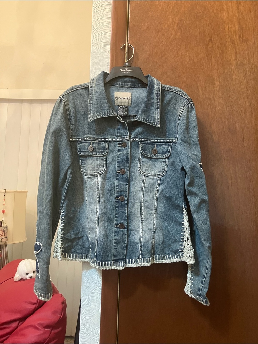 Crest Blue Denim Jacket with White Crochet Accents